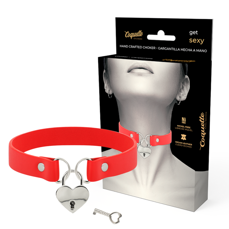 COQUETTE CHIC DESIRE – ROTE VEGANE LEDER-HALSKETTE MIT HERZ-ACCESSOIRE MIT SCHLÜSSEL?