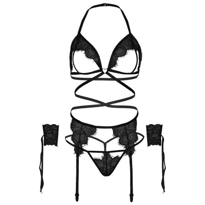 LEG AVENUE – VIERTEILIGES SET AUS BH, Tanga, STRUMPFGÜRTEL UND MANSCHETTEN, EINE GRÖSSE – SCHWARZ