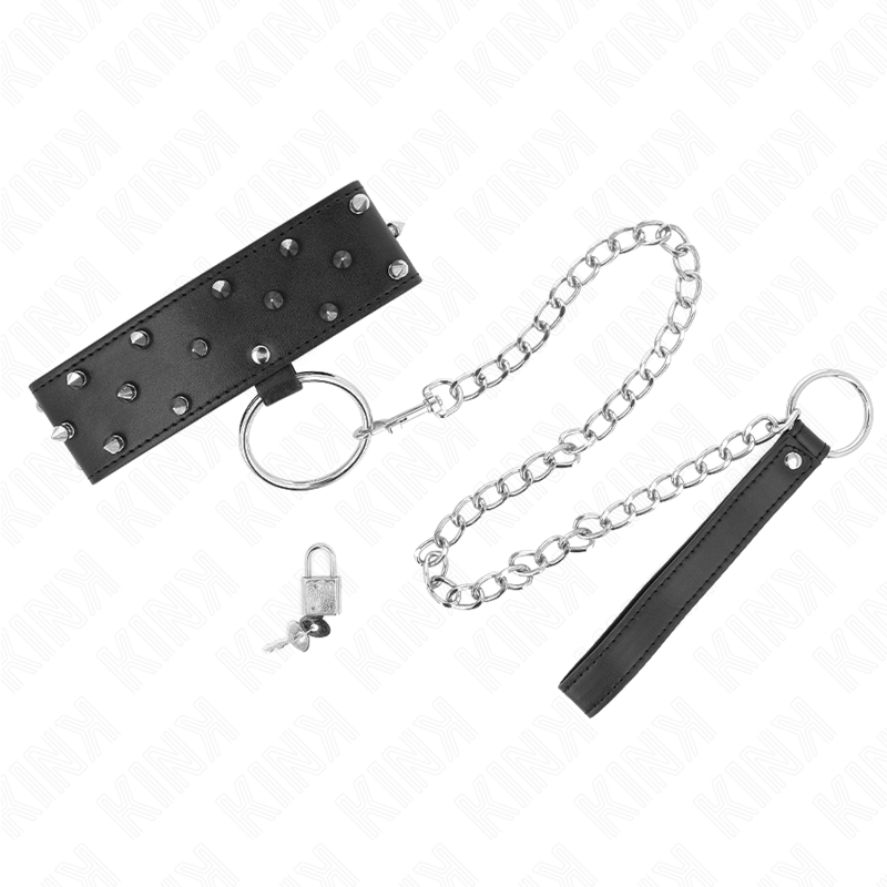 KINK - HALSBAND MIT LEINE 65 CM MIT SILBERNEN NIETEN MODELL 5 VERSTELLBAR 36-43 CM X 5 CM